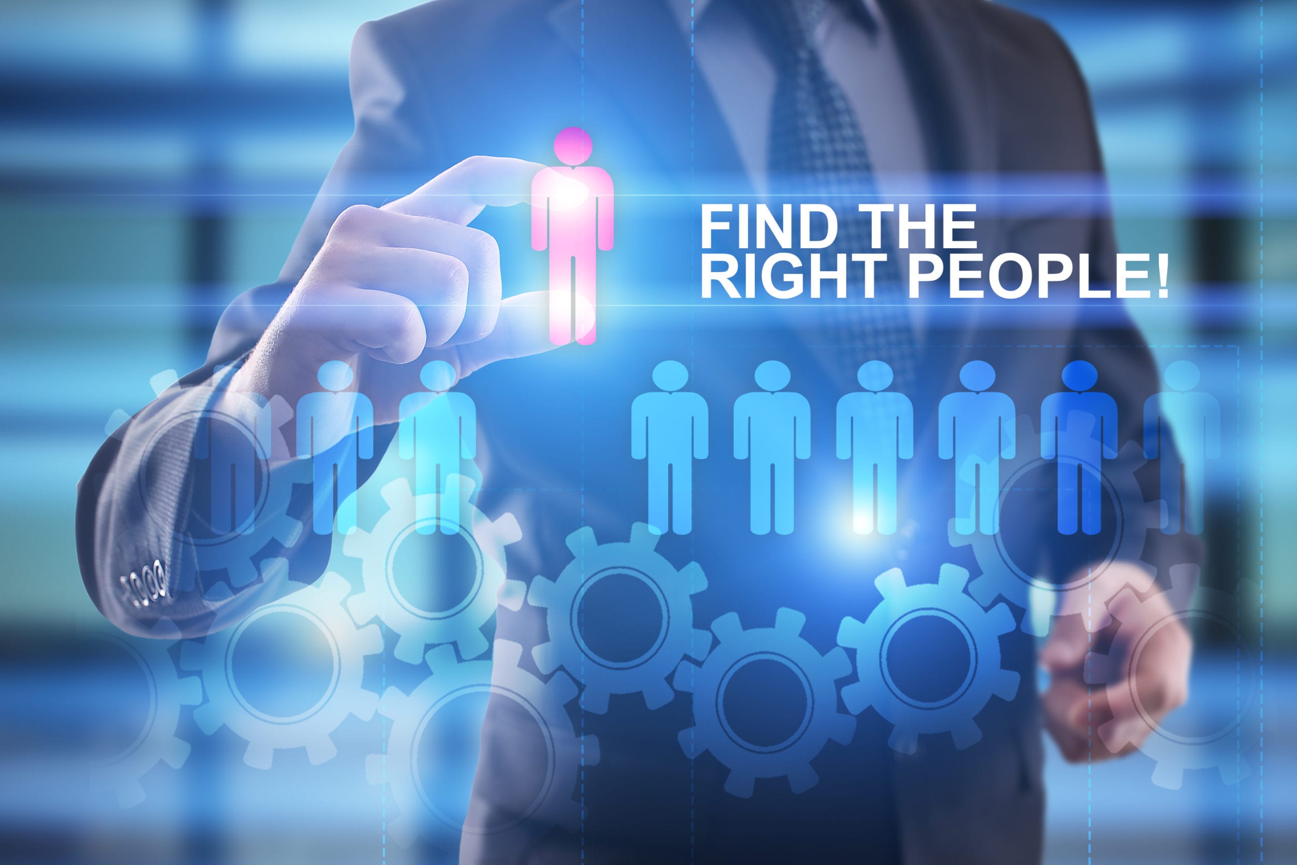 FInd the right people. Businessman select people icon on virtual screen. HR management concept